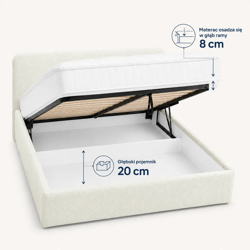 Łóżko tapicerowane Ivi 160x200 w kolorze ecru z pojemnikiem 20 cm i materacem osadzonym 8 cm w głąb ramy