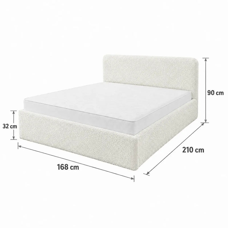 Wymiary łóżka tapicerowanego Ivi 160x200 w kolorze ecru – szerokość 168 cm, długość 210 cm, zagłówek 90 cm i boki 32 cm