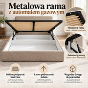 Beżowe łóżko IVI 160×200 z otwartym pojemnikiem na pościel i uniesionym metalowym stelażem z drewnianymi listwami. Zbliżenia ramy i podnośnika gazowego