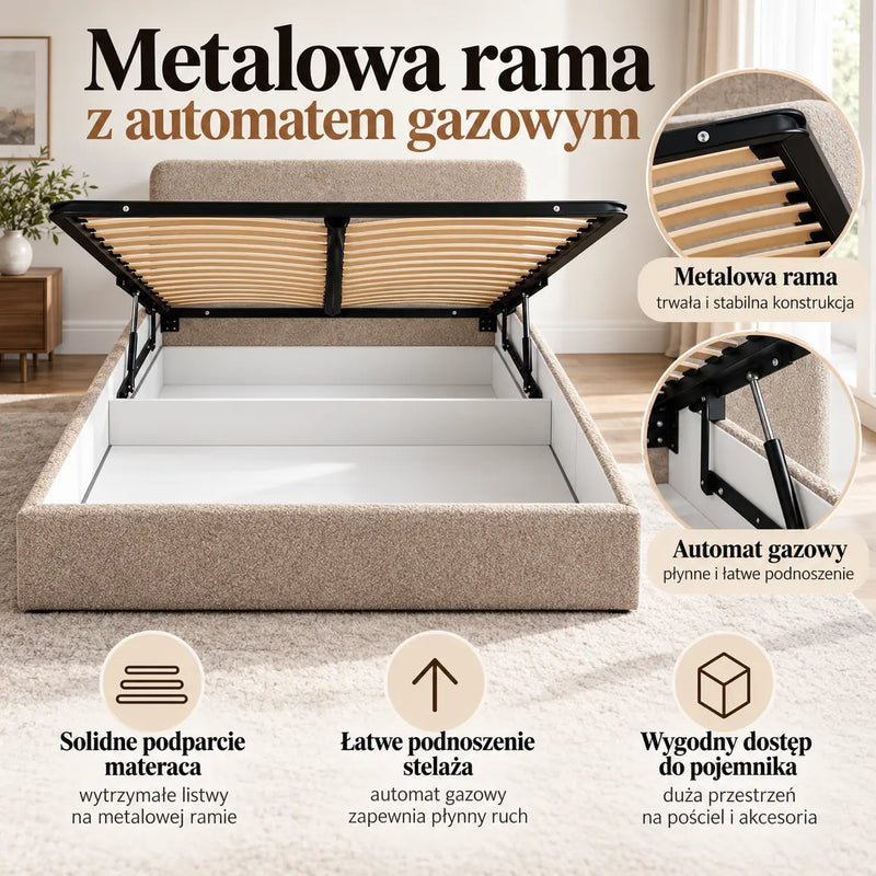 Beżowe łóżko IVI 160×200 z otwartym pojemnikiem na pościel i uniesionym metalowym stelażem z drewnianymi listwami. Zbliżenia ramy i podnośnika gazowego