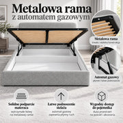Szare łóżko IVI 160×200 z otwartym pojemnikiem na pościel i podniesionym metalowym stelażem. Zbliżenia ramy, drewnianych listew i podnośnika gazowego.