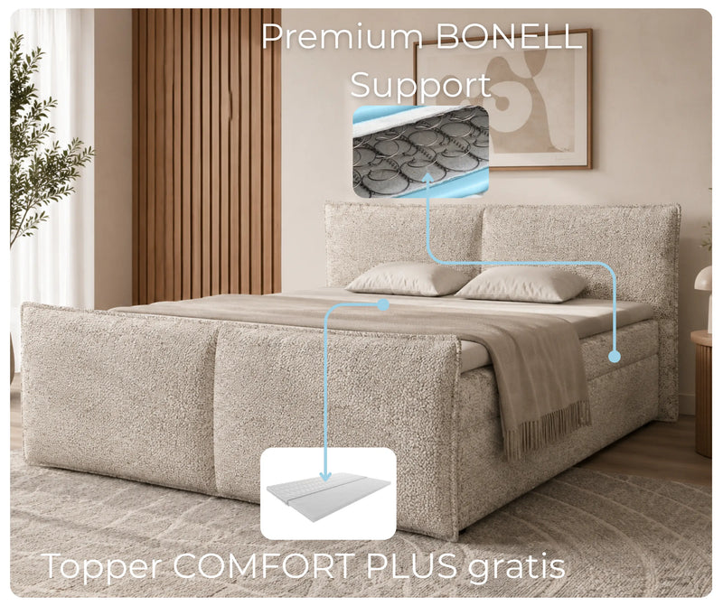 Beżowe łóżko kontynentalne Pyllo Bubble z systemem BONELL Support i topperem Comfort Plus gratis