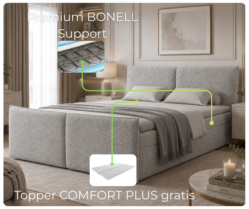 Szare łóżko kontynentalne Pyllo Bubble z systemem BONELL Support i topperem Comfort Plus gratis