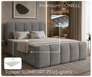 Szare łóżko kontynentalne LETT Coral 75 z materacem bonellowym i topperem Comfort Plus gratis