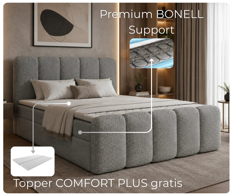 Szare łóżko kontynentalne LETT Coral 75 z materacem bonellowym i topperem Comfort Plus gratis