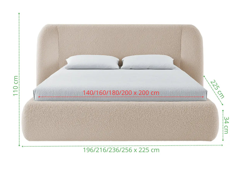 Wymiary łóżka tapicerowanego Rainbow w beżowej tkaninie boucle – dostępne rozmiary powierzchni spania 140x200, 160x200, 180x200 i 200x200 cm