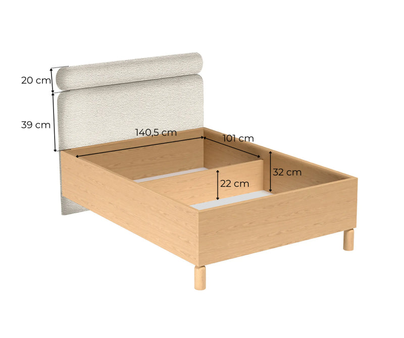 Schemat wnętrza łóżka Sanden SN12 140×200 cm z pojemnikiem: szerokość 140,5 cm, wymiar 101 cm, wysokość 32 cm, przegroda 22 cm i zagłówek 20 oraz 39 cm.