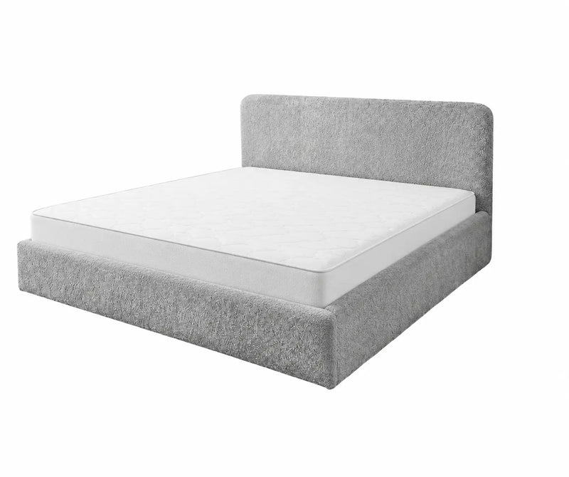 Ciepłe szare łóżko tapicerowane Ivi 160x200 w tkaninie bouclé Fredo z materacem – widok produktu na białym tle