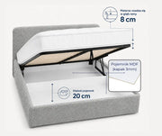 Łóżko tapicerowane Ivi 160x200 w kolorze ciepłym szarym z pojemnikiem MDF o głębokości 20 cm i materacem wpuszczonym 8 cm w ramę