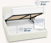Kremowe łóżko tapicerowane Ivi 160x200 z pojemnikiem MDF o głębokości 20 cm i materacem wpuszczonym 8 cm w ramę