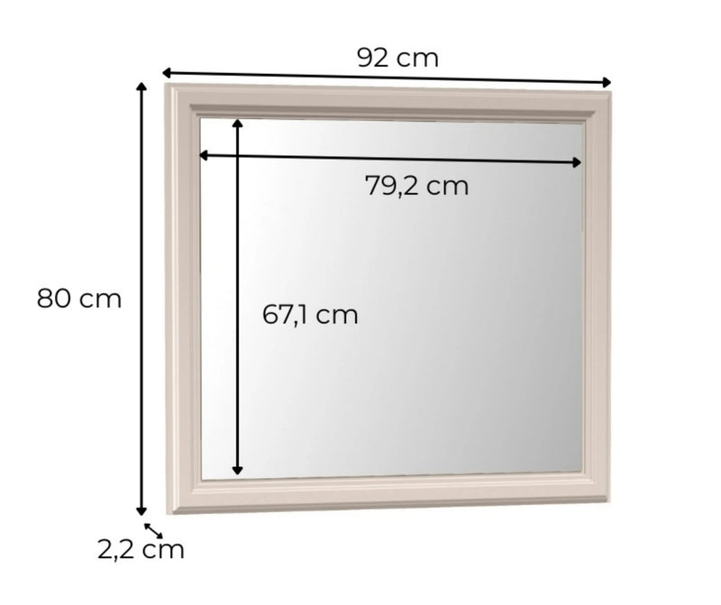Lustro Windsor 21 kaszmir – wymiary z ramą: 92 × 80 cm, głębokość 2,2 cm; powierzchnia lustra: 79,2 × 67,1 cm.