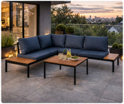 Narożnik ogrodowy NEES granatowy – zestaw mebli ogrodowych narożnych z poduszkami i stolikiem
