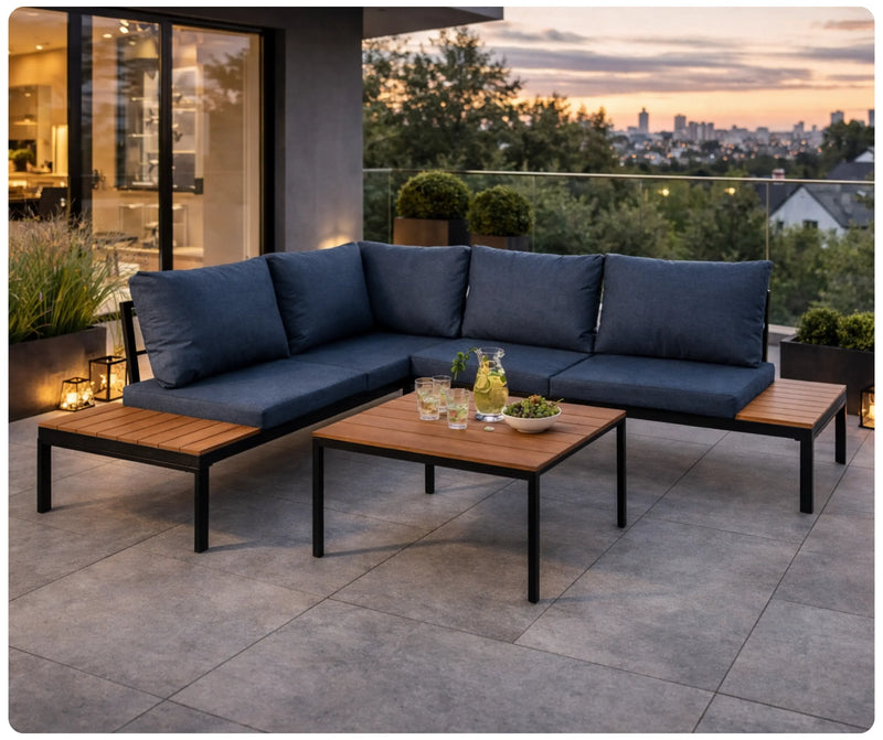 Narożnik ogrodowy NEES granatowy – zestaw mebli ogrodowych narożnych z poduszkami i stolikiem