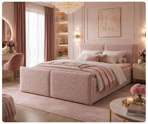 Różowe łóżko kontynentalne Pyllo Bubble w eleganckiej aranżacji sypialni glamour