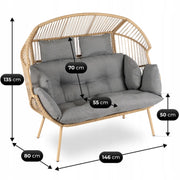 Wymiary sofy ogrodowej KEZO – sofa dwuosobowa z technorattanu