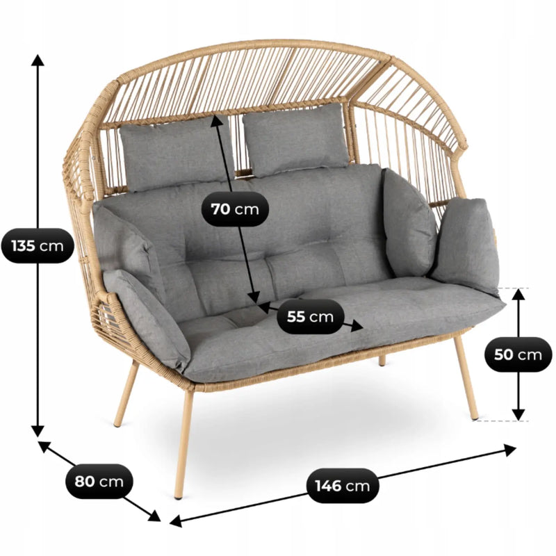 Wymiary sofy ogrodowej KEZO – sofa dwuosobowa z technorattanu