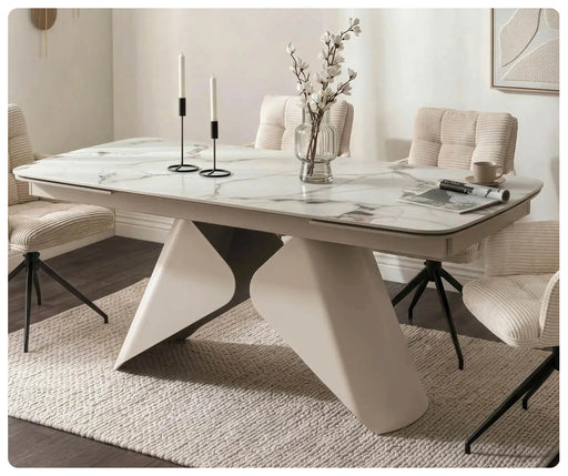 Stół ceramiczny rozkładany Velto 160-240 cm biały marmur z kaszmirową podstawą w nowoczesnej jadalni