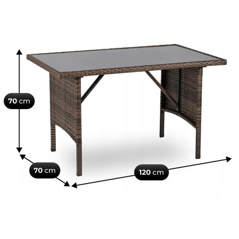 Wymiary stołu ogrodowego z technorattanu w zestawie mebli ogrodowych ARTE w kolorze brązowym