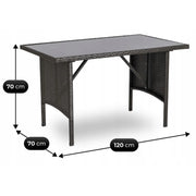 Wymiary stołu ogrodowego z technorattanu w zestawie mebli ogrodowych ARTE – 120 × 70 × 70 cm