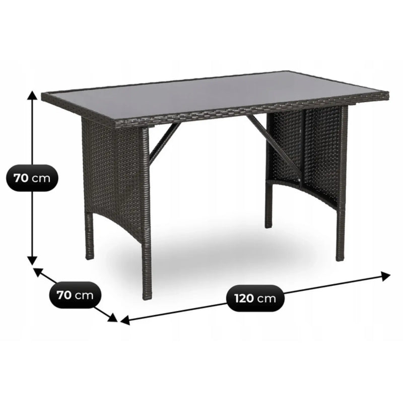 Wymiary stołu ogrodowego z technorattanu w zestawie mebli ogrodowych ARTE – 120 × 70 × 70 cm
