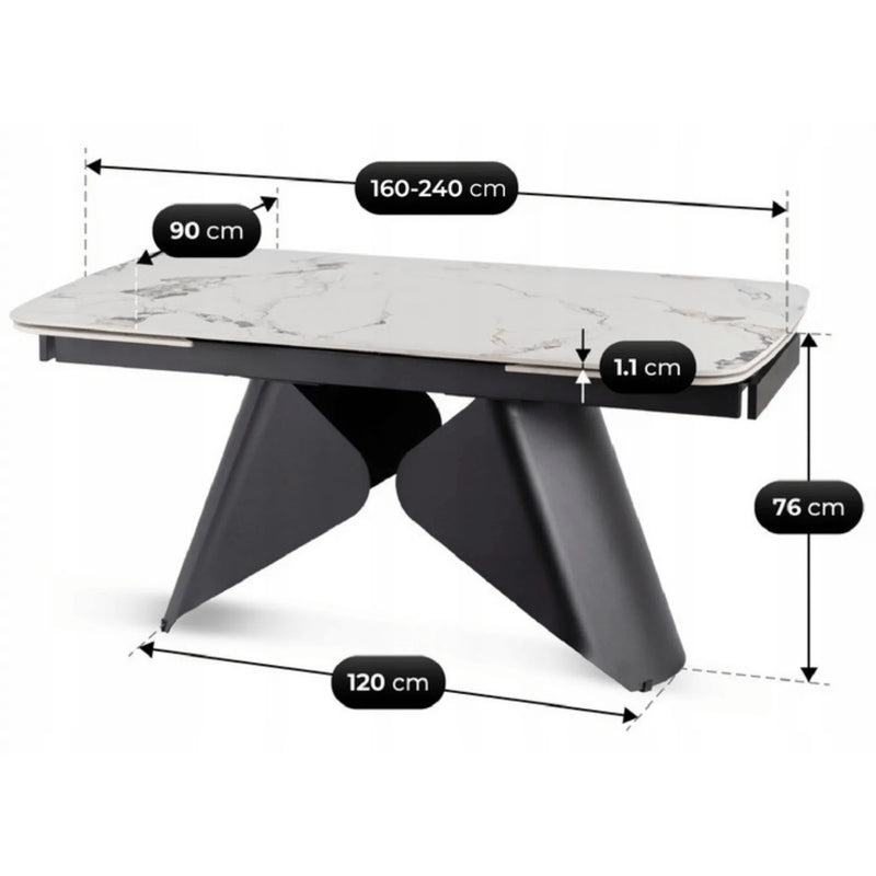 Wymiary stołu ceramicznego Velto z czarną podstawą 160-240 cm
