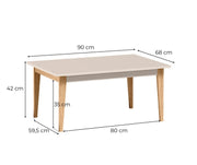 Stolik kawowy Windsor 12 kaszmir – schemat wymiarów: blat 90 × 68 cm, wysokość 42 cm i prześwit pod ramą 35 cm.