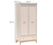 Szafa Windsor 10 kaszmir – widok pod kątem z wymiarami: szerokość 92 cm, wysokość 193 cm i głębokość 54,5 cm.