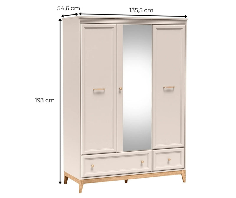 Szafa Windsor 15 kaszmir z lustrem – wymiary: szerokość 135,5 cm, wysokość 193 cm i głębokość 54,6 cm.