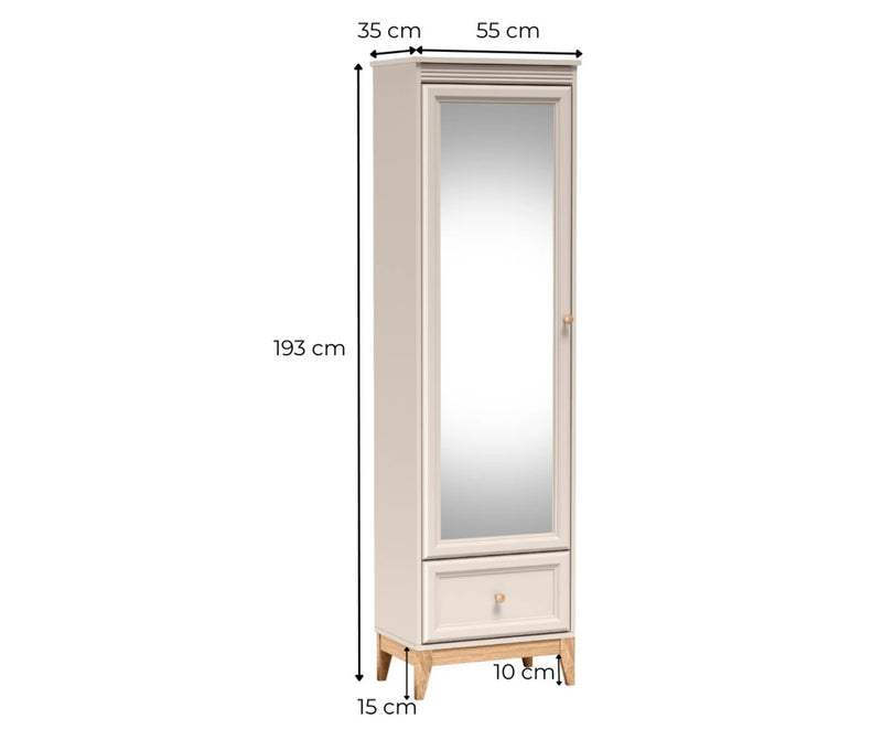 Szafa Windsor 18 kaszmir z lustrem i dolną szufladą – wymiary: szerokość 55 cm, wysokość 193 cm i głębokość 35 cm.