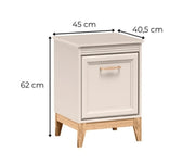 Szafka nocna Windsor 11 kaszmir – widok pod kątem z wymiarami: szerokość 45 cm, wysokość 62 cm i głębokość 40,5 cm.