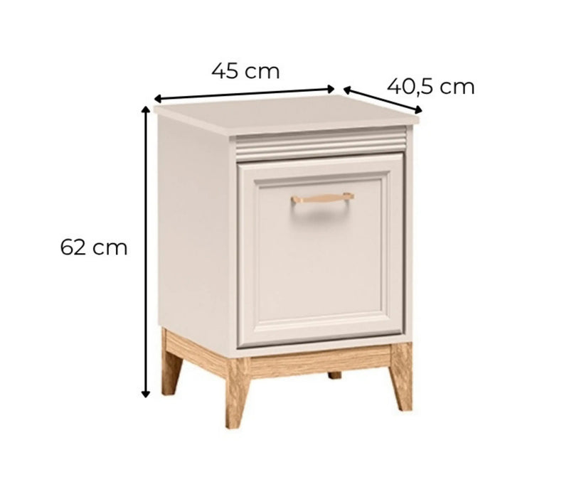 Szafka nocna Windsor 11 kaszmir – widok pod kątem z wymiarami: szerokość 45 cm, wysokość 62 cm i głębokość 40,5 cm.