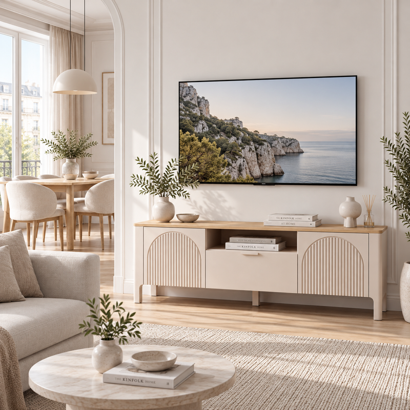 Szafka RTV Marbella 05 kaszmir 160 cm z ryflowanymi frontami MDF i blatem w dekorze dąb Vicenza, w jasnym salonie pod wiszącym telewizorem.
