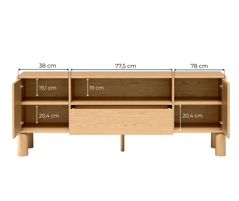 Schemat wymiarów wewnętrznych szafki RTV Sanden S-6: szerokość wnęk 38 cm, 77,5 cm i 78 cm oraz wysokości półek od 19 do 20,4 cm.