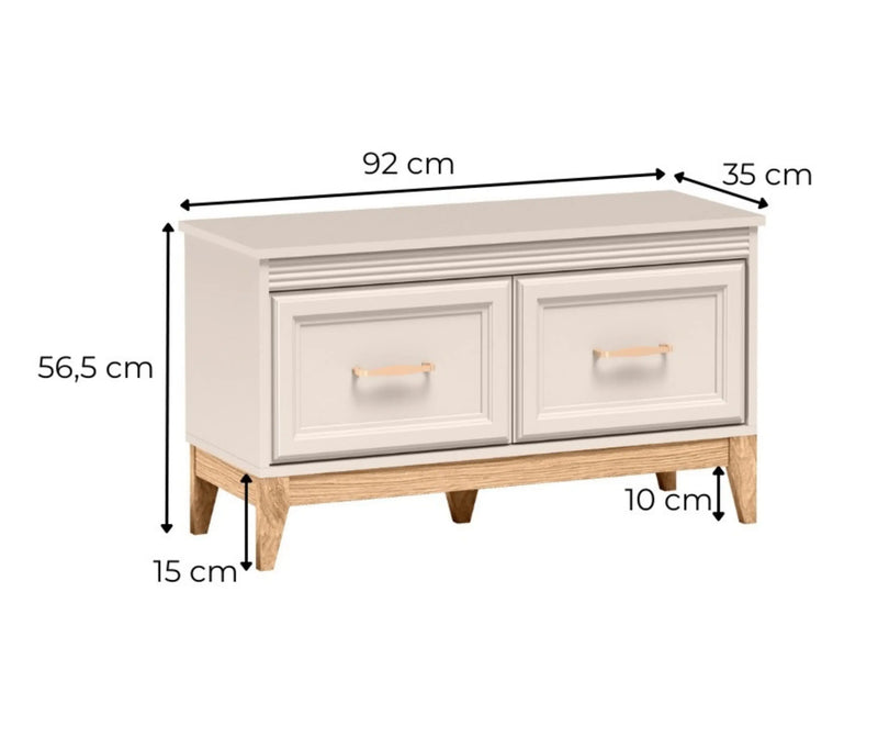 Szafka Windsor 20 kaszmir – szerokość 92 cm, wysokość 56,5 cm, głębokość 35 cm, nogi 15 cm i prześwit pod ramą 10 cm.