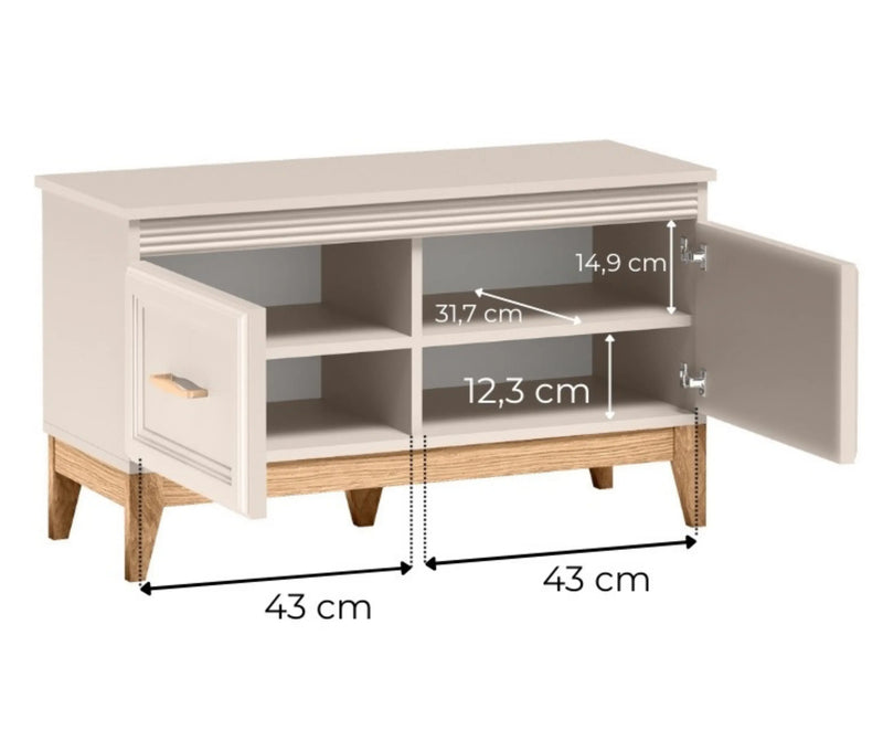Szafka Windsor 20 kaszmir z otwartymi drzwiami – wymiary wnętrza: szerokość komór 43 cm, głębokość 31,7 cm, wysokość wnęk 14,9 i 12,3 cm.