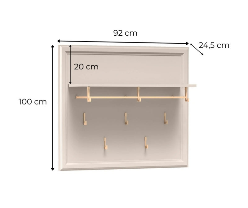 Wieszak ścienny Windsor 22 kaszmir z półką – wymiary: szerokość 92 cm, wysokość 100 cm, głębokość 24,5 cm.