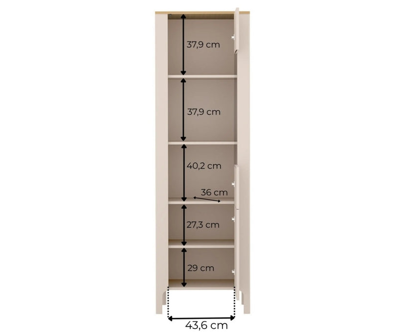 Witryna Marbella 04 kaszmir z otwartymi drzwiami – wymiary wnętrza: szerokość 43,6 cm, głębokość półek 36 cm, wysokości komór 37,9, 40,2, 27,3 i 29 cm.