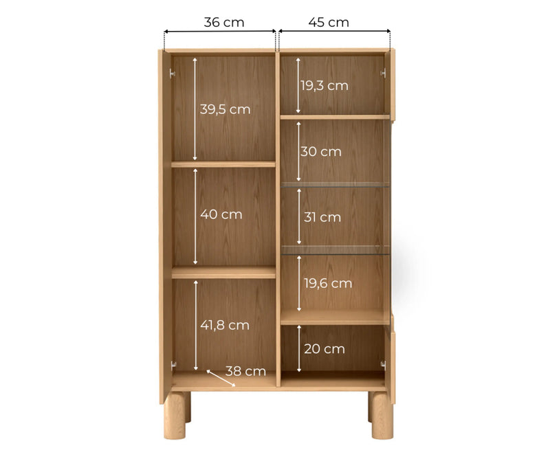 Schemat wymiarów wewnętrznych witryny Sanden S-3: lewa część 36 cm szerokości, prawa 45 cm, głębokość 38 cm oraz wysokości poszczególnych półek.