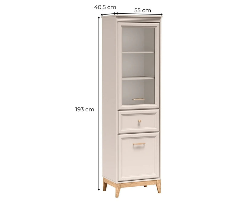 Wąska witryna Windsor 06 kaszmir – szerokość 55 cm, wysokość 193 cm i głębokość 40,5 cm, widok pod kątem z oznaczonymi wymiarami