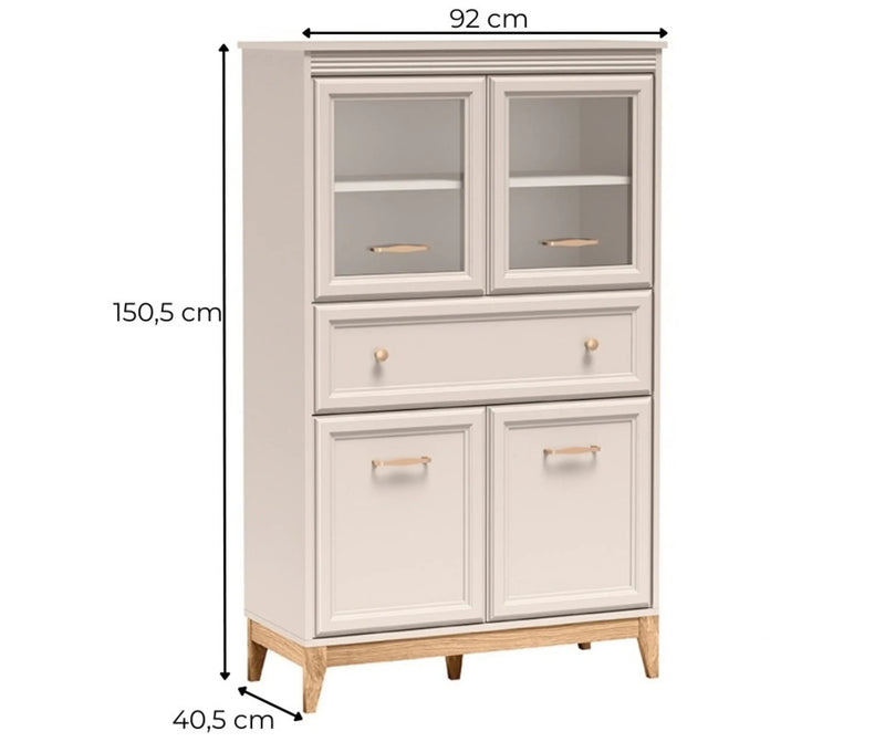 Witryna Windsor 05 kaszmir – szerokość 92 cm, wysokość 150,5 cm i głębokość 40,5 cm, widok pod kątem z oznaczonymi wymiarami