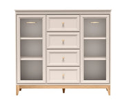 Witryna Windsor 07 kaszmir z czterema szufladami pośrodku, przeszklonymi drzwiami po bokach i złotymi uchwytami, na dębowych nogach – widok od frontu