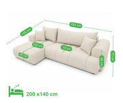 Wymiary narożnika Evia w tkaninie Cremona 04 – szerokość 265 cm, powierzchnia spania 200x140 cm, nowoczesny narożnik typu chmurka z funkcją spania