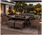 6-osobowy zestaw mebli ogrodowych ARTE z technorattanu w kolorze brązowym na tarasie w ogrodzie