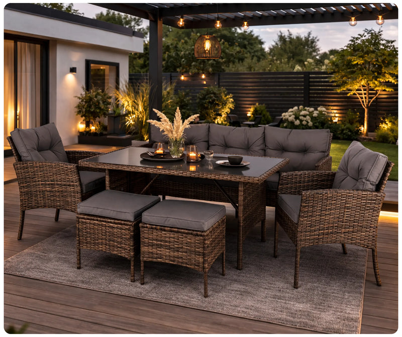 6-osobowy zestaw mebli ogrodowych ARTE z technorattanu w kolorze brązowym na tarasie w ogrodzie