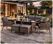 6-osobowy zestaw mebli ogrodowych ARTE z technorattanu w kolorze brązowym na tarasie w ogrodzie