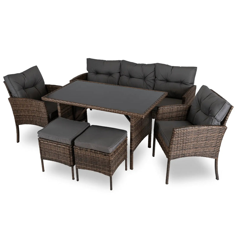 6-osobowy zestaw mebli ogrodowych ARTE z technorattanu w kolorze brązowym – sofa, 2 fotele, stół i 2 pufy