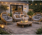 zestaw mebli ogrodowych BOHO 2+1 z poduszkami w aranżacji ogrodu