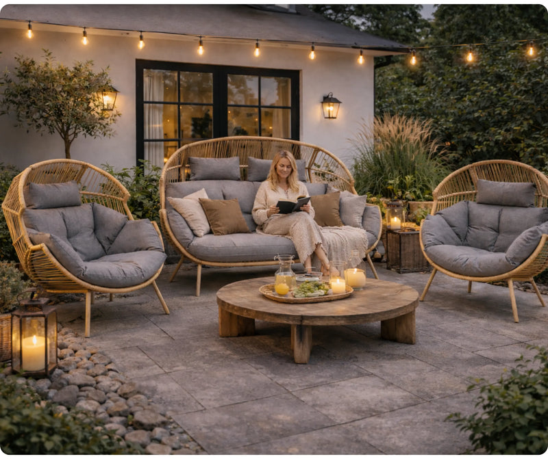 zestaw mebli ogrodowych BOHO 2+1 z poduszkami w aranżacji ogrodu