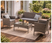 Zestaw mebli ogrodowych MIAA brązowy technorattan aranżacja na tarasie sofa fotele stolik