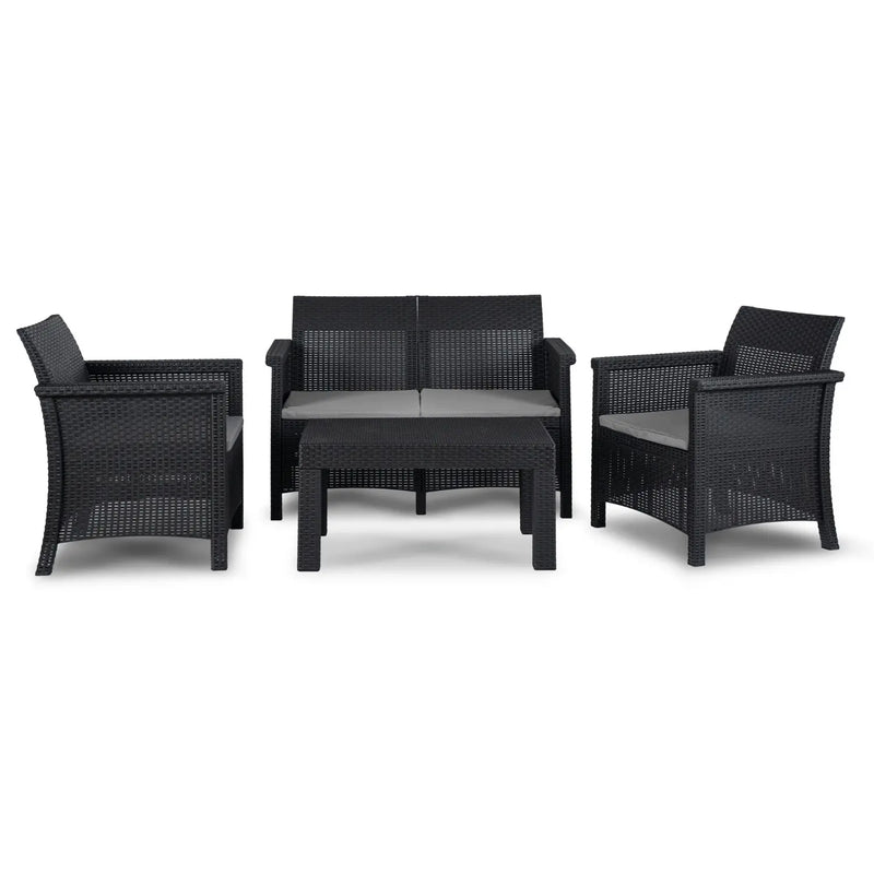 Zestaw ogrodowy BENET czarny technorattan sofa 2 osobowa fotele stolik zestaw mebli ogrodowych